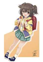 Rule 34 | 1girl, absurdres, akagi miria, backpack, bag, black hair, blue footwear, blush, breasts, brown eyes, brown hair, collarbone, dated, dot nose, dutch angle, floral print, green skirt, hair ornament, hands up, heart, heart hair ornament, highres, holding strap, hood, hood down, hoodie, idolmaster, idolmaster cinderella girls, idolmaster cinderella girls starlight stage, long sleeves, looking at viewer, miniskirt, open clothes, open hoodie, open mouth, pigeon-toed, print shirt, randoseru, sekiya kuzuyu, shirt, shoes, short hair, signature, silhouette, skirt, small breasts, smile, sneakers, socks, solo, standing, twintails, two-tone background, two side up, yellow hoodie, yellow shirt, yellow socks