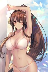 Rule 34 | 1girl, arm up, armpit crease, armpit focus, armpits, bare arms, bare shoulders, bikini, breasts, brown eyes, brown hair, closed mouth, collarbone, highres, kantai collection, kasumi (skchkko), large breasts, long hair, looking at viewer, navel, one eye closed, ponytail, smile, solo, swimsuit, very long hair, white bikini, yamato (kancolle)