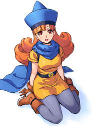 Rule 34 | 1girl, alena (dq4), boots, cape, curly hair, dragon quest, dragon quest iv, dress, full body, gloves, hat, highres, long hair, looking at viewer, open mouth, orange hair, original, pantyhose, red eyes, short dress, simple background, sitting, smile, solo, uchiu kazuma, white background