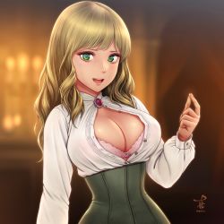 Rule 34 | 1girl, blonde hair, blurry, blurry background, bra, breasts, brooch, cleavage, cleavage cutout, clothing cutout, depth of field, green eyes, green hair, happy, highres, horiishi horuto, indoors, jewelry, large breasts, long hair, looking at viewer, original, pink bra, puffy sleeves, shirt, signature, smile, solo, standing, unbuttoned, unbuttoned shirt, underbust, underwear, upper body, white shirt