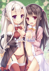 Rule 34 | 2girls, babydoll, bare shoulders, black hair, blush, breasts, demon tail, detached collar, detached sleeves, flat chest, garter straps, hand on another&#039;s hip, heart, heart hands, heart hands duo, horns, long hair, multiple girls, navel, nipples, oni horns, open clothes, open mouth, original, panties, pointy ears, purple eyes, ryo (botugo), small breasts, standing, strap slip, tail, thighhighs, underwear, very long hair, white hair