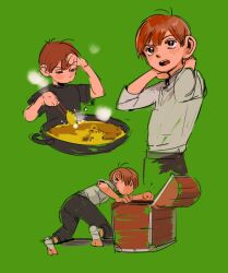 Rule 34 | 1boy, arms up, black pants, black shirt, brown eyes, brown hair, chilchuck tims, chopsticks, cooking, dungeon meshi, katy ho, looking at viewer, multiple views, open mouth, pants, shirt, treasure chest