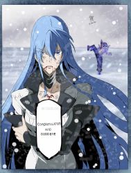 Rule 34 | 1boy, 1girl, akame ga kill!, black eyes, black hair, blood, blood from mouth, blue eyes, blue hair, boots, breasts, chest tattoo, cleavage, crossover, death, death battle, esdeath, fairy tail, frozen, gray fullbuster, hat, henil031, highres, ice, jewelry, large breasts, long hair, military, military uniform, muscular, necklace, peaked cap, speech bubble, tattoo, thigh boots, thighhighs, uniform, very long hair