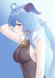 Rule 34 | 1girl, absurdres, ahoge, bare arms, bell, blue background, blue hair, blush, bodystocking, breasts, brown eyes, cowbell, detached collar, from side, ganyu (genshin impact), genshin impact, goat horns, gradient background, highres, holding, holding own hair, horns, leavv, long hair, looking at viewer, medium breasts, sidelocks, simple background, solo, upper body