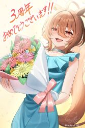 Rule 34 | 1girl, agnes tachyon (umamusume), ahoge, alternate costume, animal ears, bare shoulders, blue dress, blush, bouquet, breasts, brown hair, commentary request, cowboy shot, dated, dress, flower, gradient background, hair between eyes, highres, holding, holding bouquet, horse ears, horse girl, horse tail, jewelry, lipstick, makeup, medium breasts, messy hair, motsushi, necklace, open mouth, short hair, signature, simple background, sleeveless, sleeveless dress, smile, solo, tail, twitter username, umamusume, watermark