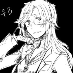 Rule 34 | 1girl, arm up, bad id, bad pixiv id, black background, collarbone, collared shirt, freckles, glasses, greyscale, grin, hand in own hair, hongcha (roels), jack bright, jewelry, lab coat, long hair, looking at viewer, lowres, monochrome, necklace, parted lips, roels, scp foundation, shirt, simple background, smile, solo, teeth, venus symbol