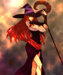 Rule 34 | 1girl, breasts, cleavage, detached sleeves, dragon&#039;s crown, dress, egawa satsuki, hat, hat over one eye, huge breasts, long hair, one eye covered, red eyes, red hair, side slit, solo, sorceress (dragon&#039;s crown), staff, strapless, strapless dress, vanillaware, weapon, witch hat