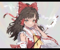 Rule 34 | 1girl, arm ribbon, ascot, bare shoulders, black hair, bow, brown eyes, chinese commentary, commentary request, detached sleeves, frilled bow, frilled shirt collar, frills, gohei, grey background, hair bow, hair tubes, hakurei reimu, half updo, hand on own cheek, hand on own face, hand up, letterboxed, long hair, long sleeves, looking at viewer, red bow, ribbon, ribbon-trimmed sleeves, ribbon trim, san m, shide, sidelocks, smile, solo, touhou, upper body, wide sleeves, yellow ascot