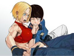 Rule 34 | 1boy, 1girl, abs, belt, blonde hair, blue eyes, blue mary, breasts, brown hair, chris, daigos the awfulian, gradient background, impossible clothes, muscular, navel, open mouth, panties, pants, punching, short hair, snk, the king of fighters, underwear, wardrobe malfunction, white background