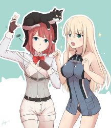 Rule 34 | 10s, 2girls, anchor, animal, animal on head, ark royal (kancolle), armor, bismarck (kancolle), black panties, blonde hair, blue background, blue eyes, blunt bangs, bob cut, breastplate, brown gloves, cat, cat on head, cleavage cutout, clothing cutout, cowboy shot, fingerless gloves, gloves, hairband, highres, impossible clothes, kantai collection, long sleeves, multiple girls, no headwear, on head, open mouth, panties, pantyhose, red hair, red ribbon, ribbon, short hair, shorts, tiara, underwear, unsinkable sam, white shorts, yirga
