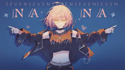 Rule 34 | 1girl, antenna hair, aviator sunglasses, bad id, bad pixiv id, black choker, black jacket, black nails, blonde hair, blue background, body writing, bracelet, choker, clothes writing, copyright request, crop top, earrings, closed eyes, facing viewer, fingernails, glint, gradient hair, heart, highres, hoop earrings, jacket, jewelry, leather, leather jacket, lococo:p, midriff, multicolored hair, nail polish, navel, necklace, open clothes, open jacket, orange-tinted eyewear, orange-tinted glasses, outstretched arms, ring, shirt, short hair, short sleeves, smile, solo, spread arms, star (symbol), star necklace, sunglasses, tinted eyewear, upper body, white shirt, yellow-tinted eyewear, yellow-tinted glasses