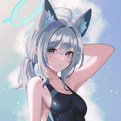 Rule 34 | 1girl, ahoge, animal ear fluff, animal ears, arm behind head, arm up, bad id, bad twitter id, bare arms, blue archive, blue eyes, blush, breasts, bright pupils, cleavage, collarbone, cross hair ornament, doongdang, glint, grey hair, hair between eyes, hair ornament, halo, highres, medium breasts, mismatched pupils, one-piece swimsuit, shiroko (blue archive), shiroko (swimsuit) (blue archive), sky, solo, swimsuit, unfinished, upper body, wet, white pupils