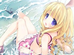 Rule 34 | 1girl, :d, arm support, bad id, bad pixiv id, bikini, bikini skirt, blonde hair, bluehole studio, blush, drill hair, elin, emily (pure dream), flat chest, looking at viewer, looking back, open mouth, partially submerged, purple eyes, shoes, sitting, smile, soaking feet, swimsuit, tera online, water