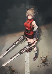 Rule 34 | 1girl, absurdres, animal ears, arknights, bandaid, bandaid on arm, cutter (arknights), drone, from above, full body, highres, holding, holding sword, holding weapon, looking at viewer, red eyes, road, short hair, shorts, solo, superbeek4, sword, weapon