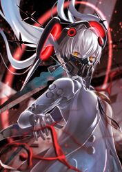 Rule 34 | 1girl, absurdres, black mask, bodysuit, breasts, covered mouth, cross-shaped pupils, earrings, floating, floating hair ornament, floating object, floating weapon, grey bodysuit, grey hair, hair between eyes, headgear, highres, jewelry, long hair, looking at viewer, luna: laurel (punishing: gray raven), mask, medium breasts, miki (horop), mouth mask, orange eyes, punishing: gray raven, solo, star-shaped pupils, star (symbol), symbol-shaped pupils, triangle earrings, twintails, upper body