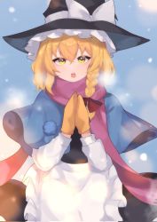 Rule 34 | 1girl, blonde hair, blue capelet, blush, braid, capelet, eyebrows hidden by hair, hair between eyes, hat, highres, kirisame marisa, long hair, looking at viewer, majime joe, mittens, open mouth, red scarf, scarf, snowing, solo, touhou, winter clothes, witch hat, yellow eyes