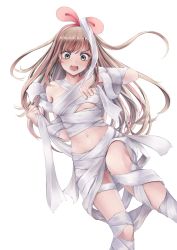Rule 34 | 1girl, aira (qwedcxza49), bandages, breasts, brown hair, collarbone, floating hair, green eyes, hairband, highres, kizuna ai, kizuna ai inc., long hair, midriff, multicolored hair, naked bandage, navel, open mouth, pink hairband, simple background, small breasts, solo, stomach, two-tone hair, underboob, v-shaped eyebrows, very long hair, virtual youtuber, white background