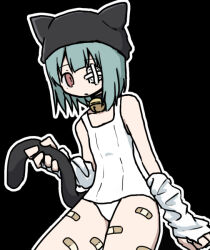 Rule 34 | 1girl, animal ear headwear, animal ears, arm warmers, bandaid, bandaid on leg, beanie, bell, black background, black hat, blue hair, cat ears, collar, cowboy shot, expressionless, fake animal ears, gauze over eye, hat, holding own tail, jingle bell, looking at viewer, medium hair, neck bell, one-piece swimsuit, one eye covered, original, outline, red eyes, school swimsuit, simple background, solo, swimsuit, tail, umi ha kirai, white one-piece swimsuit, white outline