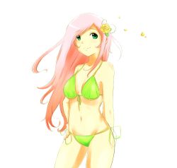 Rule 34 | 1girl, absurdres, arm behind back, bikini, breasts, cowboy shot, flower, fluttershy, front-tie top, green eyes, groin, hair flower, hair ornament, hand on own hip, highres, long hair, my little pony, my little pony: friendship is magic, navel, petals, pink hair, rose, rose petals, side-tie bikini bottom, side-tie bottom, simple background, smile, solo, swimsuit, underboob, white background, yellow flower, yellow rose