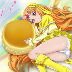 Rule 34 | 10s, 1girl, ass, boots, bow, bread, circlet, cupcake, cure muse, cure muse (yellow), eyelashes, food, frills, hair ribbon, heart, knee boots, long hair, lying, magical girl, mameshiba (pixiv 59310), on side, orange hair, panties, pantyshot, precure, purple eyes, ribbon, shirabe ako, skirt, smile, solo, suite precure, underwear, upskirt, white panties, yellow bow