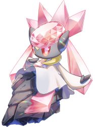 Rule 34 | commentary request, creatures (company), diancie, full body, game freak, gen 6 pokemon, hand up, highres, legendary pokemon, looking at viewer, mian (3zandora), mythical pokemon, nintendo, no humans, open mouth, outstretched arm, pokemon, pokemon (creature), simple background, smile, solo, white background