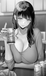 Rule 34 | 1girl, absurdres, blush, breasts, can, closed mouth, collarbone, commentary request, gentsuki, greyscale, highres, holding, holding can, large breasts, long hair, long sleeves, looking at viewer, monochrome, original, shirt, smile, solo, upper body