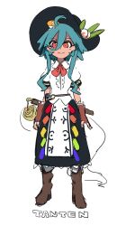 Rule 34 | 1girl, adapted costume, ahoge, apron, black hat, black skirt, blue hair, boots, brown footwear, brown gloves, center frills, closed mouth, collared shirt, fingerless gloves, food, frilled skirt, frills, fruit, full body, gloves, hair between eyes, hat, highres, hinanawi tenshi, light smile, long hair, looking at viewer, peach, peach hat ornament, print apron, puffy short sleeves, puffy sleeves, rainbow order, red eyes, shirt, short sleeves, siirakannu, skirt, solo, standing, touhou, waist apron, white shirt