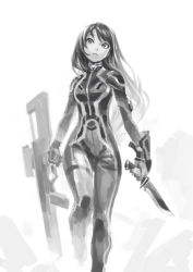 Rule 34 | 1girl, black hair, bodysuit, breasts, cowboy shot, donsukoi teitoku, finger on trigger, greyscale, gun, highres, holding, holding gun, holding weapon, knife, long hair, long image, looking at viewer, monochrome, open mouth, original, pale color, parted bangs, parted lips, pilot suit, rifle, running, science fiction, simple background, sketch, skin tight, soldier, solo, swept bangs, tall image, weapon, white background