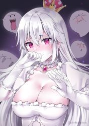 Rule 34 | 1girl, blush, boo (mario), breasts, brooch, cleavage, closed mouth, collar, collarbone, commentary request, covering own eyes, crown, dress, elbow gloves, frilled collar, frills, gloves, hair between eyes, hands up, head tilt, highres, jewelry, kaetzchen, large breasts, long hair, looking at viewer, luigi&#039;s mansion, mario (series), mini crown, new super mario bros. u deluxe, nintendo, nose blush, pale skin, princess king boo, puffy short sleeves, puffy sleeves, purple eyes, red eyes, short sleeves, silver hair, super crown, tilted headwear, twitter username, upper body, wavy mouth, white dress, white gloves