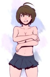 Rule 34 | 1girl, ahoge, bare arms, bare stomach, blue background, blue skirt, breasts, brown hair, cleavage, collarbone, covering privates, covering breasts, danganronpa (series), danganronpa another episode: ultra despair girls, dave cheung, ears, embarrassed, facing viewer, female focus, green eyes, hands over breasts, highres, large breasts, looking to the side, multicolored background, naegi komaru, navel, open mouth, partially undressed, pleated skirt, purple background, shadow, shiny skin, short hair, simple background, skirt, skirt only, solo, standing, tagme, teeth, tongue, topless, upper teeth only
