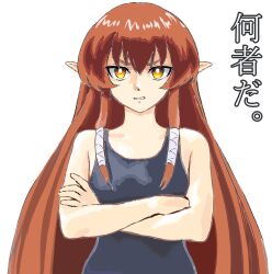 Rule 34 | 1girl, bare arms, bare shoulders, blue one-piece swimsuit, breasts, bright pupils, crossed arms, helck, long hair, medium breasts, mizumori keiichi, one-piece swimsuit, orange hair, pointy ears, sidelocks, simple background, solo, straight-on, swimsuit, v-shaped eyebrows, vermilio (helck), very long hair, white background, white pupils, yellow eyes
