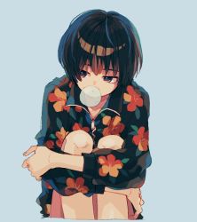 Rule 34 | 1other, androgynous, black eyes, black hair, blue background, blowing bubbles, chewing gum, closed mouth, fingernails, floral print, jacket, ka (marukogedago), hugging own legs, long sleeves, looking to the side, original, popped collar, short hair, simple background, sitting, solo