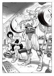 Rule 34 | 2girls, barbell, bike shorts, breasts, c.f. villa, capcom, cleavage, dumbbell, exercising, full body, greyscale, gym, highres, knee pads, lips, monochrome, multiple girls, muscular, muscular female, one eye closed, rainbow mika, shoes, sitting, sportswear, street fighter, street fighter v, sweat, tank top, thighs, twintails, weightlifting, yamato nadeshiko (street fighter)