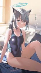 Rule 34 | 1girl, :o, absurdres, animal ear fluff, animal ears, arm support, bedroom, blue archive, blush, breasts, commentary request, competition swimsuit, covered navel, extra ears, grey hair, half-closed eyes, halo, highres, indoors, knee up, looking at viewer, medium breasts, mismatched pupils, multicolored clothes, multicolored swimsuit, official alternate costume, on bed, one-piece swimsuit, shiroko (blue archive), shiroko (swimsuit) (blue archive), side ponytail, sitting, skin tight, solo, subachi, sunlight, swimsuit, wolf ears