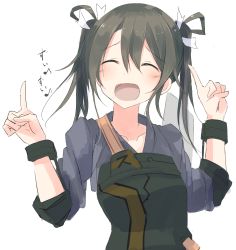 Rule 34 | 10s, 1girl, ^ ^, camouflage, closed eyes, collarbone, grey hair, hair ribbon, highres, japanese clothes, kantai collection, long hair, muneate, nao (qqqbb), open mouth, ribbon, solo, twintails, zuikaku (kancolle)