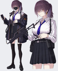 Rule 34 | 1girl, 3 small spiders, absurdres, ammunition pouch, assault rifle, belt, belt pouch, black belt, black footwear, black jacket, black mask, black skirt, black thighhighs, blue necktie, blush, breasts, brown hair, cellphone, closed mouth, clothes pull, collarbone, collared shirt, commentary, diagonal-striped clothes, diagonal-striped necktie, dual persona, earrings, folding stock, full body, gun, h&amp;k g36, hair between eyes, hair over eyes, handle, harness, headset, heckler &amp; koch, highres, holding, holding gun, holding phone, holding weapon, jacket, jacket pull, jewelry, large breasts, loafers, long sleeves, looking at phone, looking at viewer, looking to the side, mask, masked, medium breasts, medium hair, multicolored hair, necktie, open clothes, open collar, open jacket, orange eyes, original, phone, pleated skirt, ponytail, pouch, rifle, school uniform, shirt, shirt tucked in, shoes, simple background, skirt, smartphone, striped clothes, thighhighs, triangle earrings, two-tone hair, utility belt, weapon, weapon request, white background, white shirt, yellow eyes