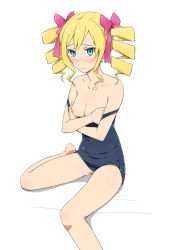 Rule 34 | 10s, 1girl, blonde hair, blue eyes, blush, bow, breasts, cleavage, covering privates, covering breasts, dairenji suzuka, drill hair, hair bow, ichihisa, legs, nipples, one-piece swimsuit, school swimsuit, small breasts, solo, swimsuit, tokyo ravens, wardrobe malfunction