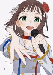 Rule 34 | 1girl, amami haruka, blush, brown hair, choker, commentary request, flower, green eyes, hair flower, hair ornament, hair ribbon, highres, holding, holding microphone, idolmaster, idolmaster (classic), jacket, long sleeves, looking at viewer, microphone, open mouth, outstretched arm, reaching, reaching towards viewer, red flower, red rose, ribbon, rose, short hair, simple background, smile, solo, starpiece memories, sweat, tenoo12, upper body, white background, white ribbon