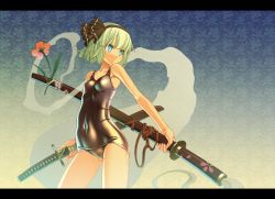 Rule 34 | 1girl, bare shoulders, black one-piece swimsuit, blue eyes, breasts, cameltoe, covered erect nipples, dual wielding, duplicate, flower, ghost, hitodama, holding, konpaku youmu, konpaku youmu (ghost), letterboxed, one-piece swimsuit, sakuya tsuitachi, school swimsuit, sheath, sheathed, short hair, silver hair, small breasts, solo, swimsuit, sword, touhou, weapon, wet