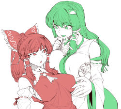 Rule 34 | 2girls, bare shoulders, bow, breast press, breasts, clenched hand, detached sleeves, frog hair ornament, green eyes, green hair, green theme, hair ornament, hair ribbon, hair tubes, hakurei reimu, kochiya sanae, large breasts, long hair, multiple girls, multiple monochrome, open hand, open mouth, ponytail, raised eyebrow, red eyes, red hair, red theme, ribbon, sarashi, short hair, simple background, smile, snake hair ornament, spacezin, sweat, touhou, white background