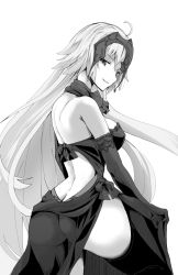 Rule 34 | 1girl, ahoge, bare shoulders, black thighhighs, breasts, butt crack, dress, elbow gloves, fate/grand order, fate (series), gloves, greyscale, headpiece, jeanne d&#039;arc (fate), jeanne d&#039;arc alter (avenger) (fate), jeanne d&#039;arc alter (fate), jeanne d&#039;arc alter (holy night supper) (fate), long hair, looking at viewer, medium breasts, monochrome, rikudou inuhiko, sideboob, smile, solo, thighhighs, thighs, very long hair, white background