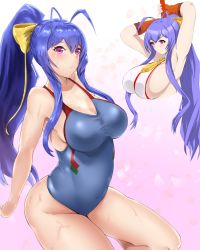 Rule 34 | 1girl, akaokuro oumu, antenna hair, armpits, arms up, backless outfit, bare shoulders, blazblue, blazblue: central fiction, blue hair, blue one-piece swimsuit, blush, bow, breasts, cleavage, competition swimsuit, cowboy shot, fingerless gloves, genderswap, genderswap (mtf), gloves, hair between eyes, hair bow, halterneck, highres, holding, holding weapon, huge breasts, large breasts, long hair, looking at viewer, mai natsume, no bra, one-piece swimsuit, polearm, ponytail, purple eyes, red gloves, revealing clothes, ribbon, sideboob, sidelocks, simple background, solo, spear, stomach, swimsuit, very long hair, weapon, wet, yellow bow