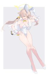 Rule 34 | 1girl, absurdres, animal ears, arume ad, backpack, bag, bare arms, bare legs, bare shoulders, blue archive, blush, bow, bowtie, breasts, detached collar, fake animal ears, groin, hair flaps, hair ornament, halo, hifumi (blue archive), highres, leotard, light brown hair, long hair, low twintails, medium breasts, open mouth, peroro (blue archive), playboy bunny, rabbit ears, simple background, smile, solo, strapless, strapless leotard, twintails, unworn backpack, unworn bag, white background, white bag, wing hair ornament