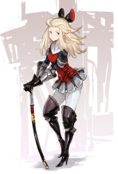 Rule 34 | 1girl, armor, armored dress, blonde hair, blue eyes, blush, boots, bow, bravely default: flying fairy, bravely default (series), edea lee, gauntlets, gloves, hair bow, high heels, katana, leaning forward, long hair, looking at viewer, pantyhose, photoshop (medium), saitou masatsugu, shoes, skirt, solo, sword, thigh boots, thighhighs, weapon, white thighhighs
