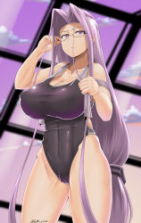 Rule 34 | 1girl, adjusting eyewear, alternate breast size, bare shoulders, black one-piece swimsuit, breasts, cameltoe, cleft of venus, cloud, collarbone, competition swimsuit, covered erect nipples, covered navel, fate/stay night, fate (series), female focus, hair intakes, highleg, highleg swimsuit, highres, huge breasts, long hair, looking at viewer, matching hair/eyes, medusa (fate), medusa (rider) (fate), one-piece swimsuit, purple eyes, purple hair, saizu nitou gunsou, signature, sky, solo, square pupils, standing, swimsuit, thighs, very long hair