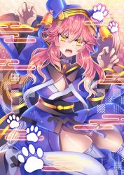 Rule 34 | 1girl, animal ear fluff, animal ears, bell, blue kimono, breasts, fang, fangs, fate/extra, fate/grand order, fate (series), fox ears, fox girl, fox tail, japanese clothes, kimono, large breasts, long hair, looking at viewer, merichi (ogaomega), official alternate costume, open mouth, paw pose, pink hair, tail, tamamo (fate), tamamo no mae (fate/extra), tamamo no mae (the faithful dog who waits) (fate), white legwear, yellow eyes