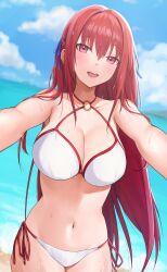 Rule 34 | 1girl, absurdres, bare shoulders, beach, bikini, blue sky, blush, breasts, cleavage, collarbone, commission, highres, large breasts, long hair, looking at viewer, navel, ocean, open mouth, original, pixiv commission, red eyes, red hair, sky, smile, solo, swimsuit, white bikini, yamabuki0