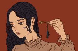 Rule 34 | 1girl, black eyes, black hair, brown nails, brown shirt, frilled shirt, frills, holding, holding key, key, charm (object), long hair, muted color, original, parted lips, portrait, red background, shirt, simple background, solo, yuusei tsukiro