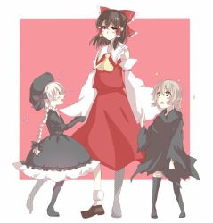 Rule 34 | 10s, 3girls, ascot, bow, braid, brown hair, cloak, crossover, detached sleeves, dress, fate/apocrypha, fate/extra, fate/grand order, fate (series), hair bow, hakurei reimu, height difference, jack the ripper (fate/apocrypha), multiple girls, nursery rhyme (fate), short hair, sleeveless, toudou (dolce), touhou, white hair