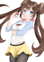 Rule 34 | 1girl, absurdres, arm under breasts, black pantyhose, blue eyes, brown hair, closed mouth, clothing cutout, creatures (company), double bun, game freak, hair bun, highres, holding, holding poke ball, long hair, looking at viewer, nintendo, pantyhose, poke ball, poke ball (basic), pokemon, pokemon bw2, rosa (pokemon), seriponpoyon, shirt, shorts, sleeves past elbows, smile, solo, stomach cutout, twintails, white background, yellow shorts